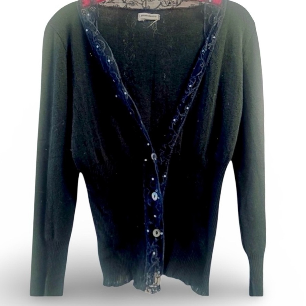 ANONYMOUS black cotton knit cardigan with blue and rhinestone trim.
